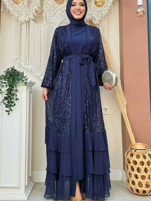 Pulpayet İşlemeli Abaya Ve Elbise Takım Lacivert