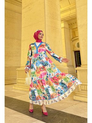 Beyaz Lara Çiçekli Elbise