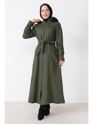 Haki Süs Cepli Fermuarlı Tam Boy Kaşe Kaban Haki Süs Cepli Fermuarlı Tam Boy Kaşe Kaban