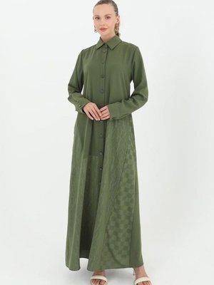 Haki Düğmeli Jakarlı Elbise Ferace