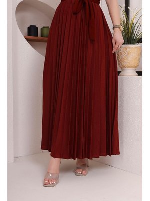 Bordo Kuşak Detaylı Piliseli Etek