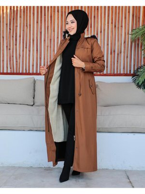 Kmkbin Kadın Tam Boy Bondit Kumaş İçi Kürklü Kapşonlu Spor Ve Şık Mont