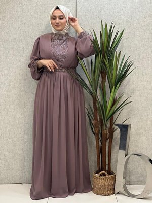 Kemeri Taş Işleme Şifon Abiye Elbise Kemeri Taş Işleme Şifon Abiye Elbise