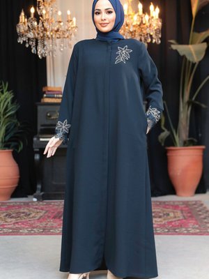 Çiçek Detaylı Koyu Lacivert Ferace