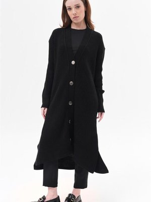 Metal Düğme Detaylı Siyah Uzun Hırka