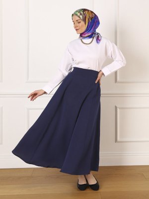 Lacivert Keten Karışımlı Cep Detaylı Volanlı Etek