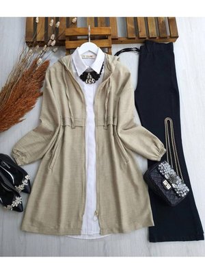 Cepli Kapşonlu Oversize Keten Kap