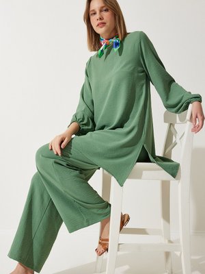 Yeşil Dökümlü Tunik Palazzo Örme Takım
