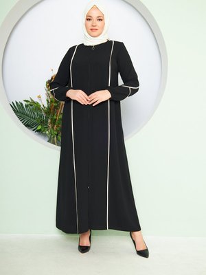 Ekru Biye Detaylı Kol Ucu Lastikli Rahat Kalıp Ferace