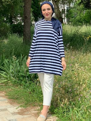 Lacivert Kalın Çizgili Oversize Tunik