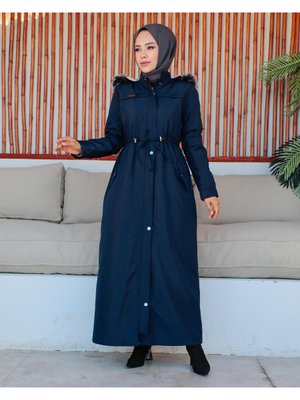 Kmkbin Kadın Tam Boy Bondit Kumaş İçi Kürklü Kapşonlu Spor Ve Şık Mont