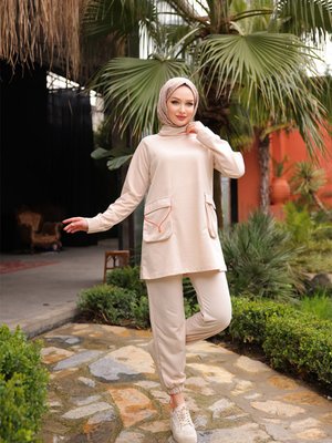 Neon Lastik Detaylı İkili Eşofman Takımı Taş Neon Lastik Detaylı İkili Eşofman Takımı Taş