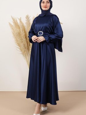 Beli Lastikli Saten Elbise Lacivert Beli Lastikli Saten Elbise Lacivert