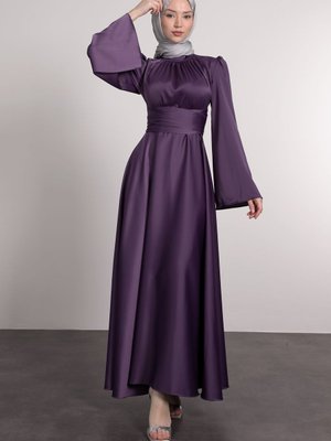 İspanyol Kol Beli Dolamalı Saten Abiye Elbise