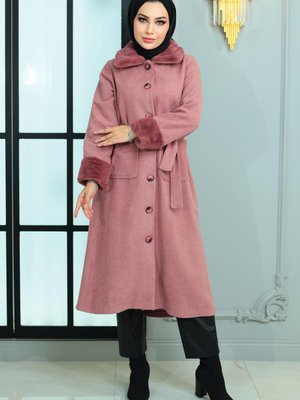 Kürk Detaylı Kaşe Kaban Gül Kurusu Kürk Detaylı Kaşe Kaban Gül Kurusu