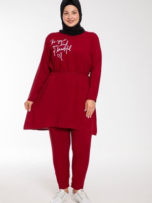 Baskılı Kırmızı Renk Dokuma Viskon Büyük Beden Takım