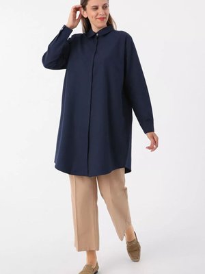 Lacivert Büyük Beden Poplin Gömlek Tunik