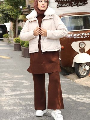 Bej Yaka Kürklü Memory Şişme Mont