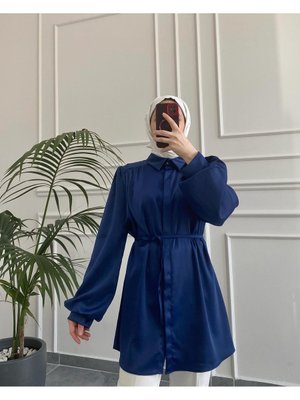 Butik Emimoza Lina Saten Gömlek Lacivert