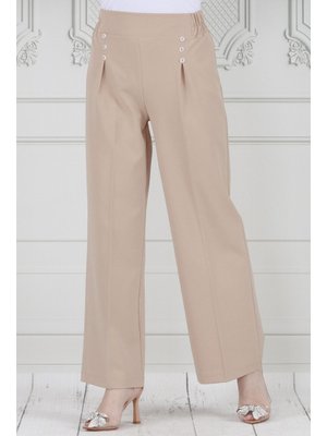 Bej Pile Detaylı Üç Düğmeli Pantolon