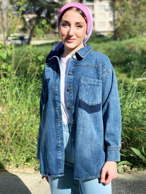 Koyu Mavi Cep Nakışlı Kot Ceket