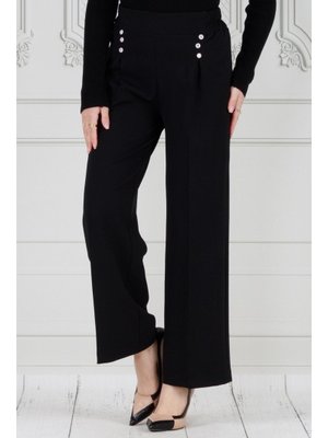Siyah Pile Detaylı Üç Düğmeli Pantolon