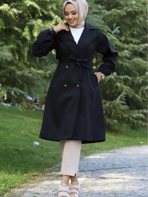 Kolu Kemer Detaylı Önü Düğmeli Kuşaklı Trençkot