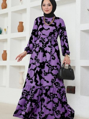 Lila Desenli Kemerli Helen Elbise