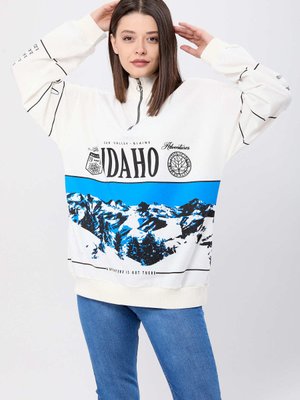 Ekru Idaho Baskılı Yakası Fermuarlı Sweatshirt Ekru Idaho Baskılı Yakası Fermuarlı Sweatshirt