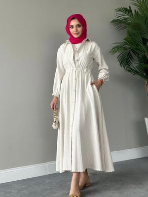 Beylem Çizgili Keten Elbise Pembe Beylem Çizgili Keten Elbise Pembe