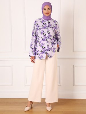 Viskon Kumaş Rahat Kalıp Desenli Tunik Lila