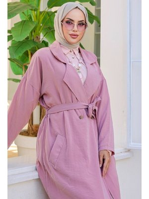 Pudra Kruvaze Yaka Kuşaklı Ayrobin Trenç