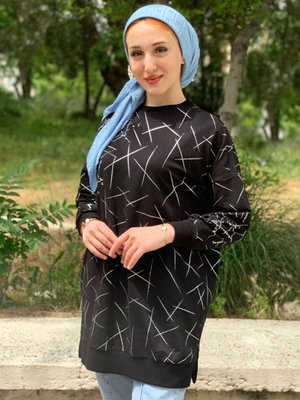 Siyah Taş Ve Parlak Baskılı Tunik