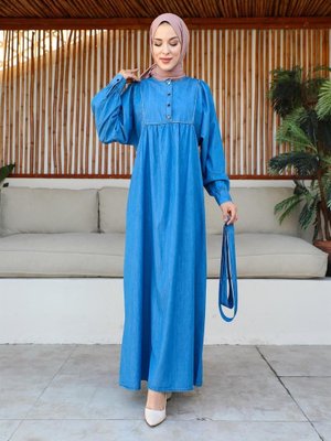 Şerit Detaylı Açık Kot Elbise