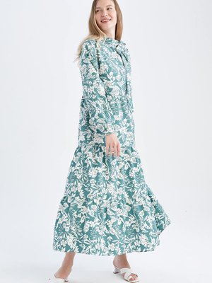 Relax Fit Yarım Balıkçı Yaka Çiçekli Poplin Uzun Kollu Elbise Y7835az22hs