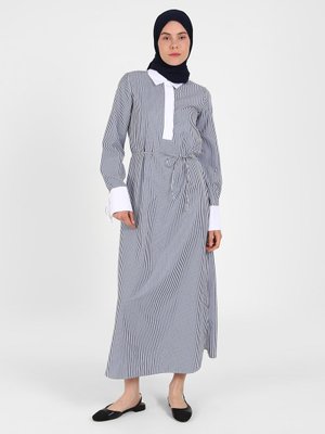 Lacivert Çizgili Gömlek Elbise