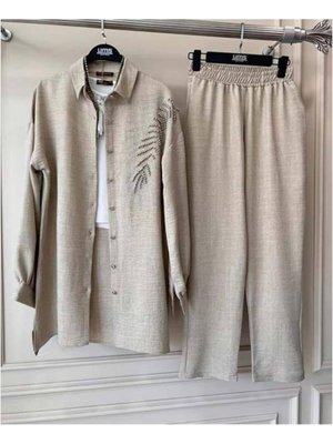 Yaprak Taş Işlemeli Keten İkili Takım Yaprak Taş Işlemeli Keten İkili Takım