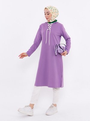 Kapüşonlu Uzun Sweatshirt Leylak