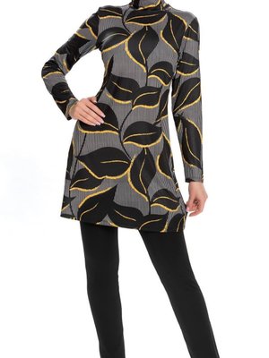 Siyah Likralı Yaprak Desenli Dik Yaka Tam Kapalı Mayo