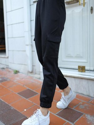 Bel Lastikli Kargo Cepli Pantolon Siyah