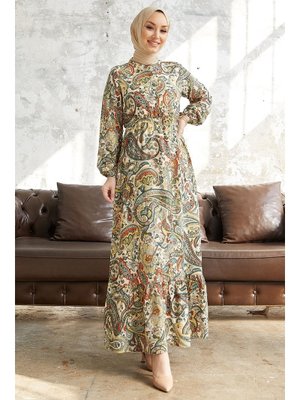 Kiremit Mora Karmaşık Çiçekli Viskon Elbise