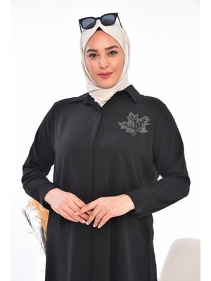 Siyah Büyük Beden Yaprak Baskılı Gömlek Tunik