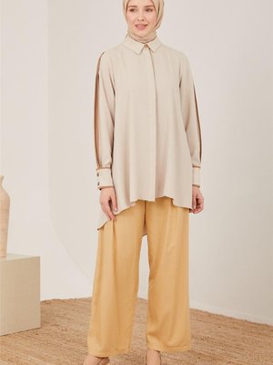 Kemeri Piliseli Bol Viskon Pantolon Bej