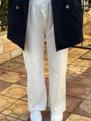 Ekru Bol Paça Gabardin Pantolon