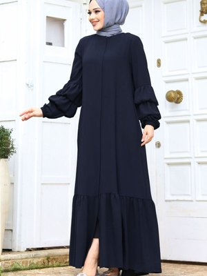 Çift Balon Kol Detaylı Eteği Volanlı Ferace Lacivert