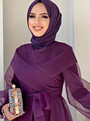 Mor Kuşaklı Tüllü Abiye Elbise T