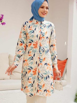 Desenli Ekru Viskon Tunik