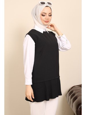 Siyah Bisiklet Yaka Piliseli İçlik Tunik