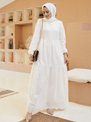 Güpürlü Boydan Astarlı Elbise Beyaz