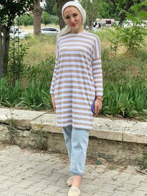 Latte Kalın Çizgili Oversize Tunik